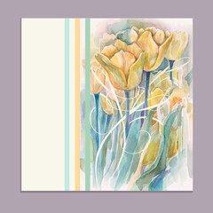 invitation card with watercolor hand drawing yellow tulips