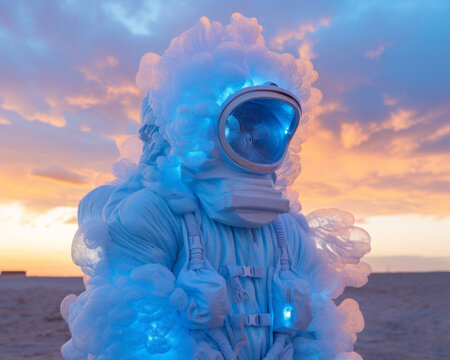 On a star-filled night, a person stands illuminated in an ethereal blue light, their clothing swirling around them like a cloud in the night sky, connecting them to the vast expanse of nature and the