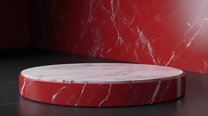 Luxury red marble podium on red background with copyspace. 3d render, for banner background, product display