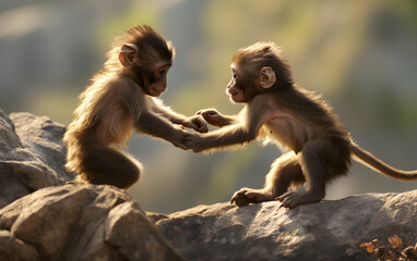 Portrait photo of  two funny monkeys playing. Close up on the green natural background. Thailand, wildlife