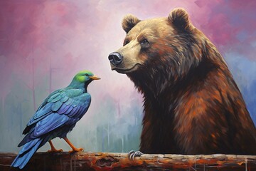 Acrylic painting of a bear and bird. Generative AI