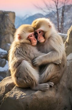  two cute japanese macaques or snow monkeys hugging, jigokudani park, in mountains on a rock, animals, nature and wildlife concept