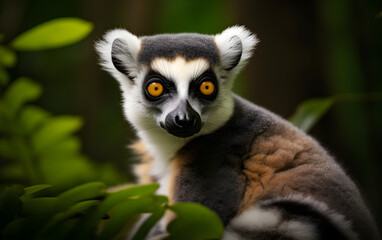 Naklejka premium Portrait photo of ring-tailed lemur, primate, black and white ringed tail, island of Madagascar, beautiful wildlife, monkeys