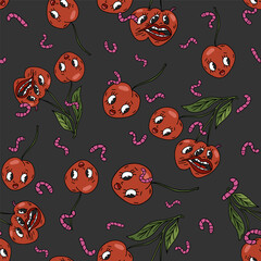 Halloween cartoon retro style pattern with red creepy cherries. Vector seamless background