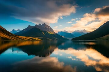 Fototapeta na wymiar lakeside scene under a vibrant, moody sky, conveying a sense of tranquility and reflection