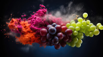 red grenn grapes with colorful powder paint explosion