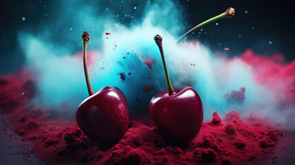 red cherries with colorful powder paint explosion
