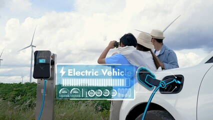 Modern family travel and nature with eco-friendly EV car concept, display digital battery...