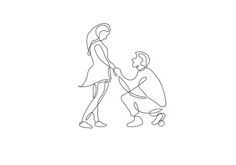 a young man proposing to his pretty girlfriend with romantic ring one line art Vector