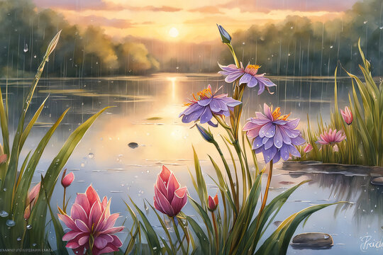 비 내리는 새벽 여명의 호수와 꽃