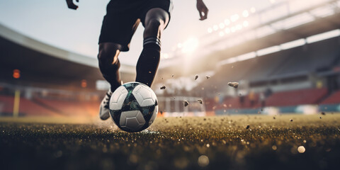 Fototapeta premium Generative AI, football boot kicking a soccer ball, goal moment on the stadium 