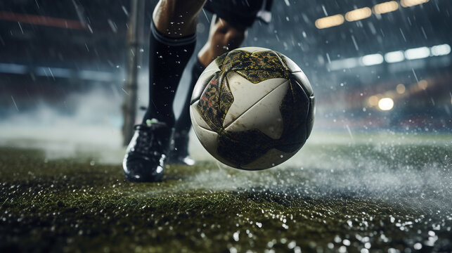Generative AI, football boot kicking a soccer ball, goal moment on the stadium	

