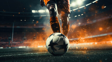 Generative AI, football boot kicking a soccer ball, goal moment on the stadium	
