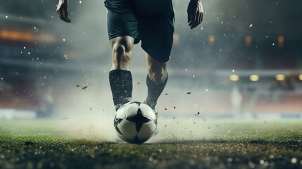 Generative AI, football boot kicking a soccer ball, goal moment on the stadium	
 - obrazy, fototapety, plakaty