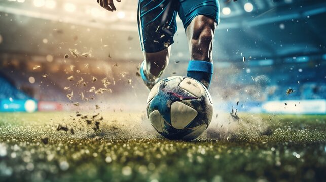Fototapeta Generative AI, football boot kicking a soccer ball, goal moment on the stadium  