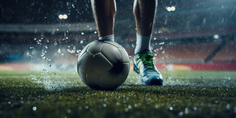 Obraz na płótnie Canvas Generative AI, football boot kicking a soccer ball, goal moment on the stadium 
