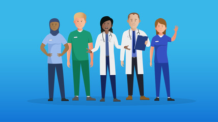 Simple flat diverse medical healthcare team vector characters. British NHS uniforms. Easy to edit flat modern trendy style.