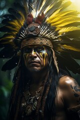 Brazilian indigenous man from the Amazon, with a large headdress of yellow feathers - Generative AI