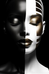 Closeup of a woman with black makeup, digital art, face divided by black and white makeup