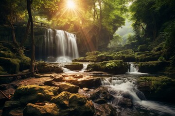 sunny forest waterfall on a travel guide. Generative AI