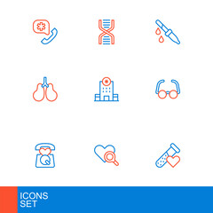 Set line Test tube with blood, Medical heart inspection, Emergency call 911, Glasses, Lungs, Hospital building, Pipette and DNA symbol icon. Vector