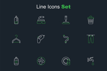 Set line Water tap, Dishwashing bottle and plate, drop, Antibacterial soap, Drying clothes, Industry metallic pipe, Portable vacuum cleaner and Hanger wardrobe icon. Vector