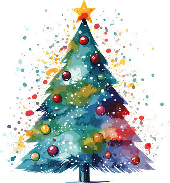 Watercolor Christmas tree, isolated on transparent background, Ai Generated