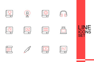 Set line Translator book, Book about cinema, Pen, Decree, parchment, scroll, Inkwell, Books programming, geometry and Law icon. Vector