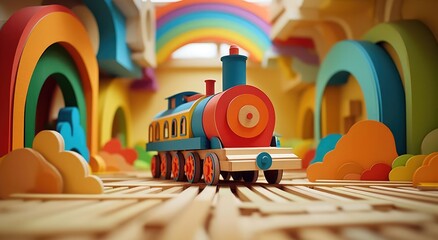 Wooden toy steam locomotive - obrazy, fototapety, plakaty