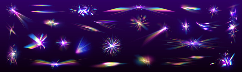 Rainbow crystal light leak flare reflection effect. Diamond prism light flares. Crystal caustic light, lens effects and diamond refraction colors overlay vector set. 