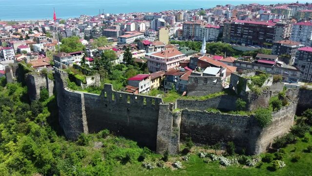 Overhead view of Trabzon city fortress, historic Turkish landmark. The ancient architecture and cityscape, aerial shot.