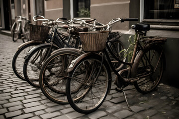 Old bicycles in the city street. Cycling concept. Sport concept, World Bicycle Day, Outdoor Weekend lifestyle concept
