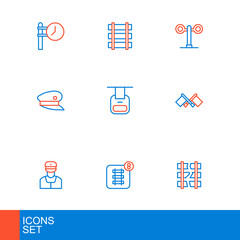 Set line Broken or cracked railway, Online ticket booking, Train conductor, Flag, driver hat, Cable car, traffic light and Railway barrier icon. Vector