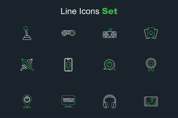 Set line Portable video game console, Headphones, Medal, Power button, Game rating with medal, Mobile gaming and Sword for icon. Vector
