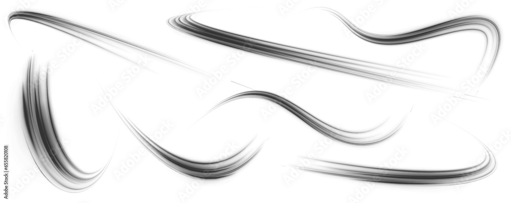 Aufkleber Set of realistic round shadow and shadow effect. Black speed stripes of various shapes of zigzags, spirals, drills and arcs on a transparent white background vector illustration.	