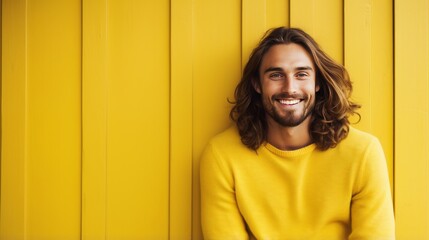 handsome young man, smiling and laughing, wearing vibrant sweater