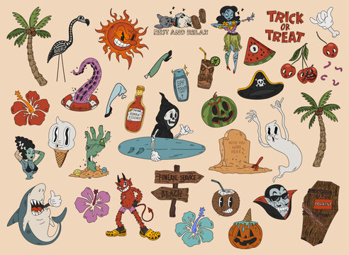 Halloween graphic retro cartoon stickers elements in tropical summer style - palms, watermelons, ghosts, zombie, death flamingo, vampire, surf and others. Hand drawn set. Vector illustration.