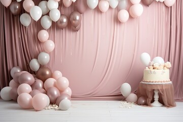 Fototapeta na wymiar cinematic Digital backdrop featuring luxurious dusky pink drapery and paneled walls room with a gigantic bowl of dusky pastel coloured soft-whipped ice-cream 