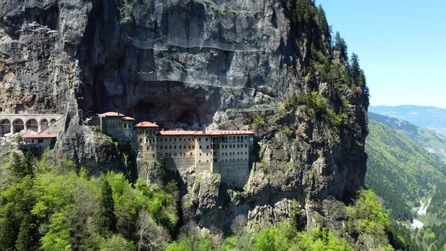 Aerial view of Panagia Sumela Monastery, a captivating attraction in Trabzon. The unique monastery nestled in the rock, showcasing the beauty of Trabzon's cultural landmarks.