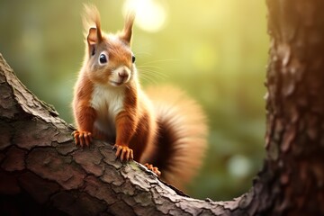 Naklejka na ściany i meble Squirrel sitting up on tree, style of very realistic and natural photography