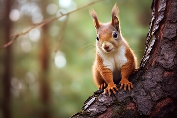 Naklejka na ściany i meble Squirrel sitting up on tree, style of very realistic and natural photography
