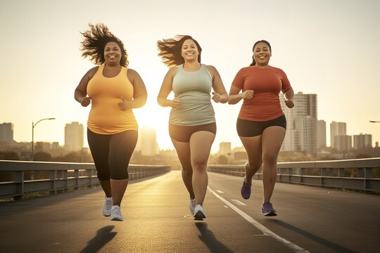 photo portrait full body three plus sized multicultural women go for a morning jog at sunrise