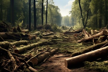trees are cut down on a forest, in the style of use of ephemeral materials - obrazy, fototapety, plakaty