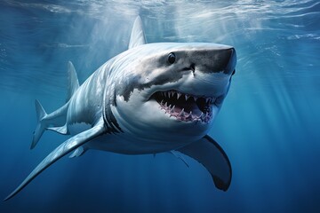 white shark, in blue water, scars - obrazy, fototapety, plakaty