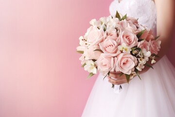 Wedding banner. Beautiful wedding bouquet in bride's hands. Pink background. 