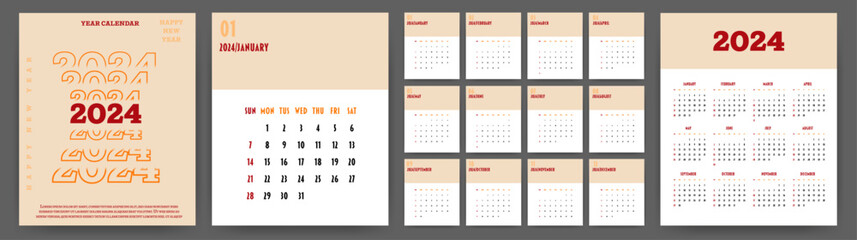 Calendar 2024 year. Week starts on Sunday. Design for planner, printing, stationery, organizer. - obrazy, fototapety, plakaty