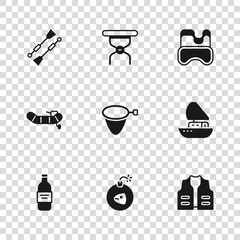 Set Bomb, Yacht sailboat, Fishing jacket, net, Diving mask, Oars or paddles, Camping folding chair and Inflatable with motor icon. Vector