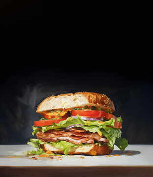 Illustration of a delicious meat and vegetable sandwich on black background