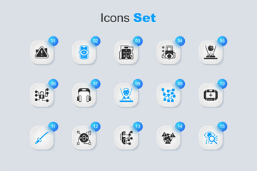 Set Earth with exclamation mark, Headphones, Computer vision, Katana, Eye scan, First aid kit, Exclamation in triangle and Hologram icon. Vector