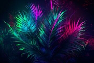 Lively neon background with vibrant lights on palm leaves, radiating a cyberpunk tropical atmosphere. Illustration. Generative AI